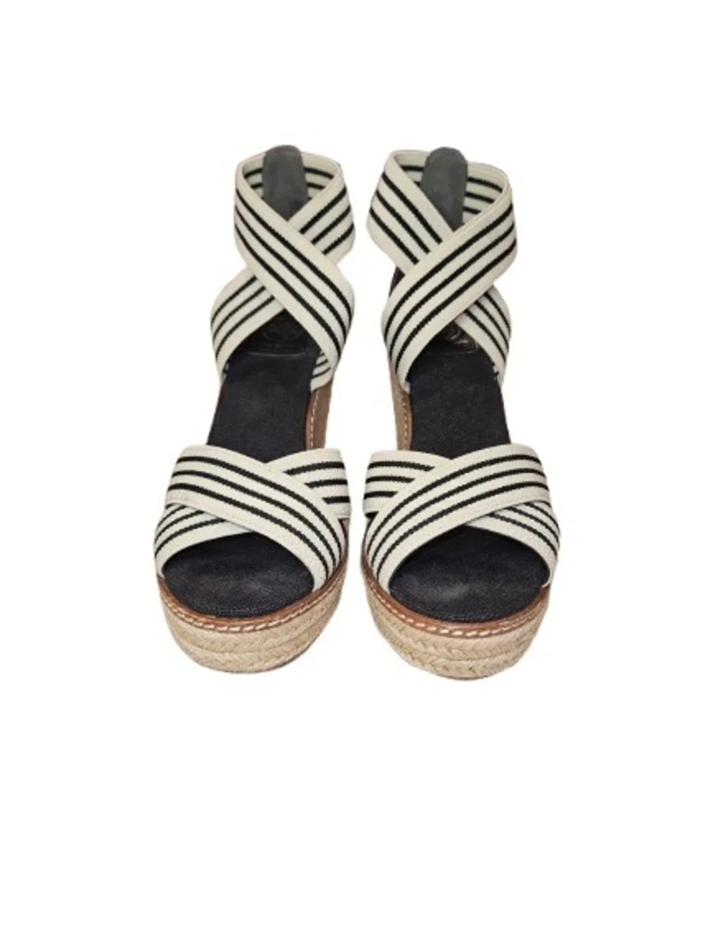 Tory Burch Frieda Espadrille Wedge Sandals Black White Striped Women's Size 7.5